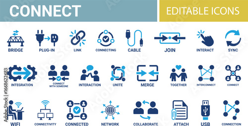 Connect icon set. Containing network, join, collaboration, connectivity, interaction, cable, integration, and connection icons. Solid icon design