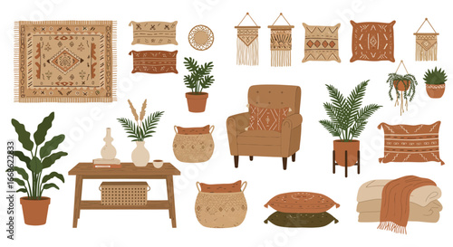 Collection of bohemian home decor items and furniture in earthy tones silhouette