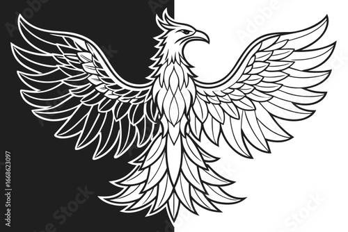 Stylized Phoenix Bird Spreading Wings in Black and White Contrast mythical creature