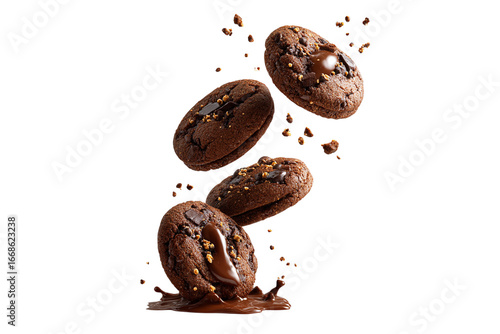 Chocolate chip cookies falling in slow motion isolated on transparent background