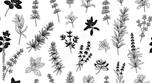 Collection of Hand-Drawn Culinary Herbs, Rosemary Thyme Lavender Assortment on Isolated White Background