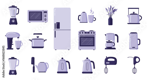 Collection of kitchen appliances and devices in purple hues on white background silhouette