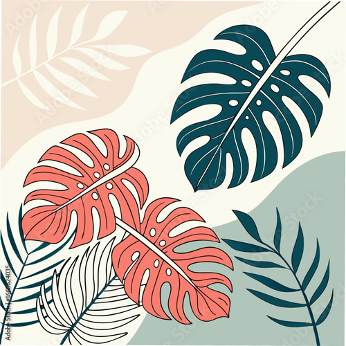 Creative concept of summer bright card with abstract tropical leaves. Modern art minimalist style design templates for celebration, ads, branding, banner, cover, label, poster, sales 