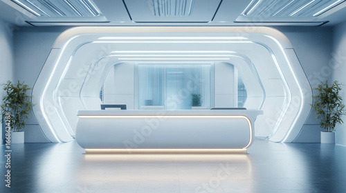 Tech company reception counter mockup future technology office lighting space workplace interior registration copy space desk design indoor decoration front view green plant decor