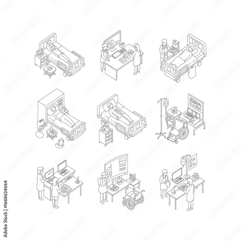 Fototapeta premium Isometric Illustration Hospital Patients Doctors Nurses Medical Equipment and Healthcare