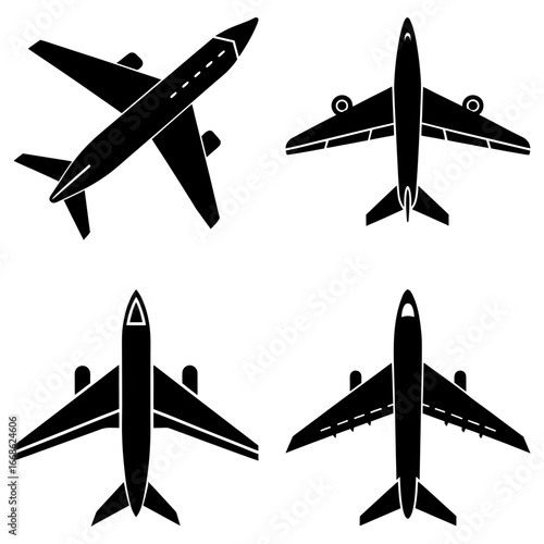 Four black airplane silhouettes in various orientations against a white background display aviation elements