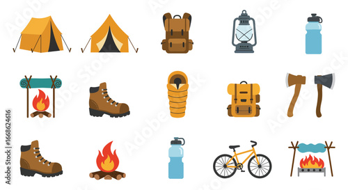 Camping and hiking equipment icons for outdoor adventure and travel planning silhouette