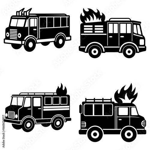 Four black and white fire trucks in different styles with some on fire in a vector graphic