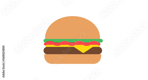 Illustration of a Cheeseburger with Lettuce, Cheese, and Tomato on a White Background, a Classic American Fast Food Item