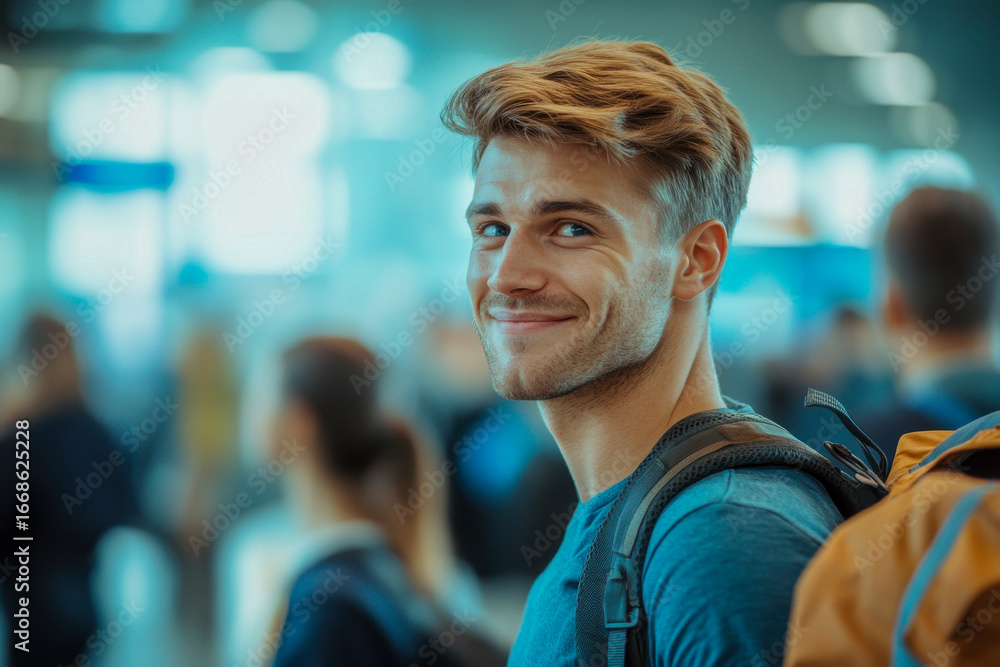 Fototapeta premium Young man smiles while waiting at a bustling airport terminal filled with travelers and bright, modern architecture
