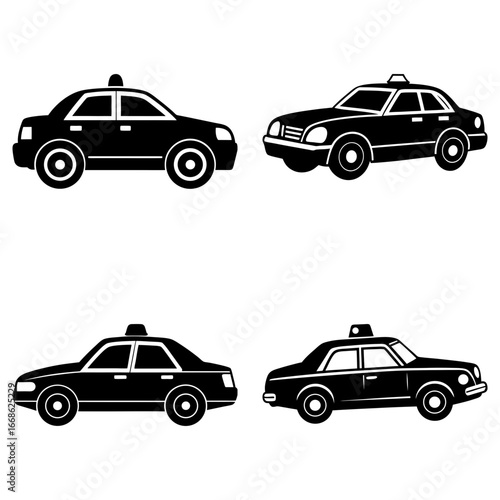 Four taxi cabs in black silhouette with different car body styles presented on a white background