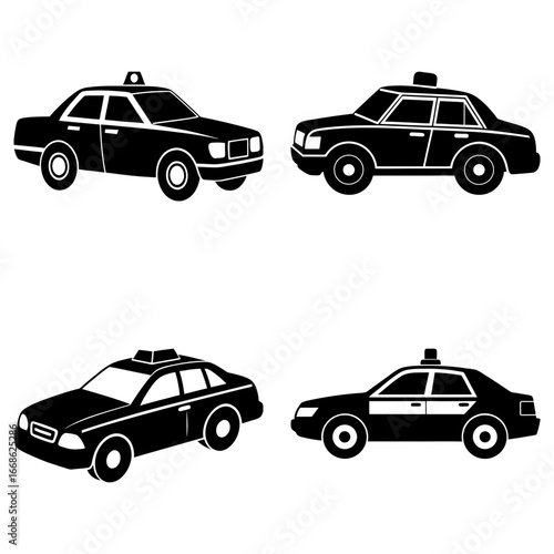 Four taxi cabs in black silhouette showing different car models and body styles on a white background