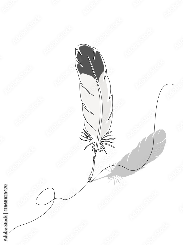 Fototapeta premium Minimal continuous one line drawing of a feather with a flowing thread, soft shadow, and simple monochrome design, ideal for minimalist graphic resources and creative projects.