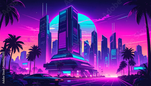 Ultra-modern cityscape with neon lights. Digital skyline in a futuristic neon city. Sci-fi city illuminated by purple neon glow. Electric city with glowing skyscrapers. Futuristic cyberpunk city