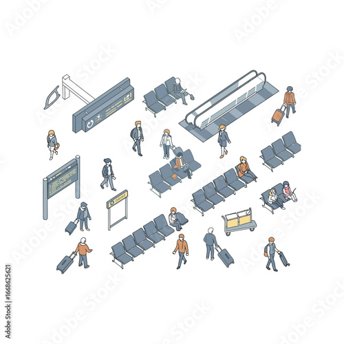 Isometric Illustration of Airport Terminal with Passengers Seating and Amenities