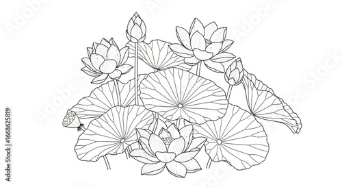 Elegant Water Lilies and Pads Line Art, Aquatic Floral Design on Isolated White Background