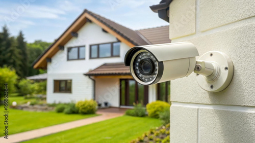 A modern security camera is mounted on the outer wall of a house. The device monitors the yard and territory. The frame emphasizes the protection of private property.