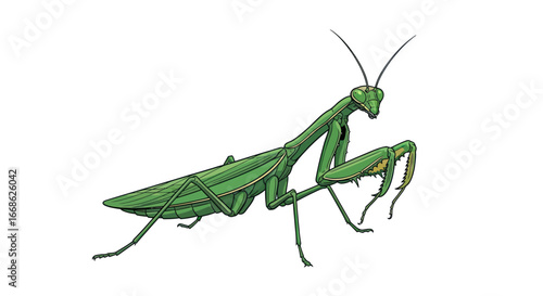 Detailed Green Praying Mantis Illustration on White Background.