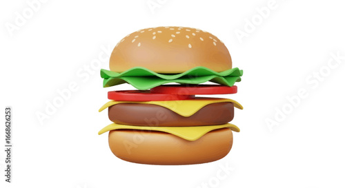 Deliciously crafted double cheeseburger illustration with fresh lettuce and ripe tomatoes, isolated on a clean white background