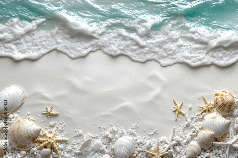 Fototapeta premium Seashells and starfish are arranged on fine sand, as calm ocean waves gently touch the beach during a sunny day