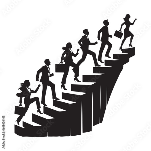 Business people climbing stairs vector silhouette outline logo design concept illustration