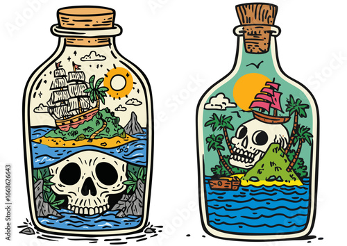 Two glass bottles containing a miniature tropical island with skull, sailing ship, palm trees and sun, colorful hand-drawn illustration