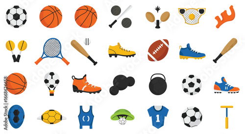 Collection of various sports equipment and icons in colorful flat design silhouette