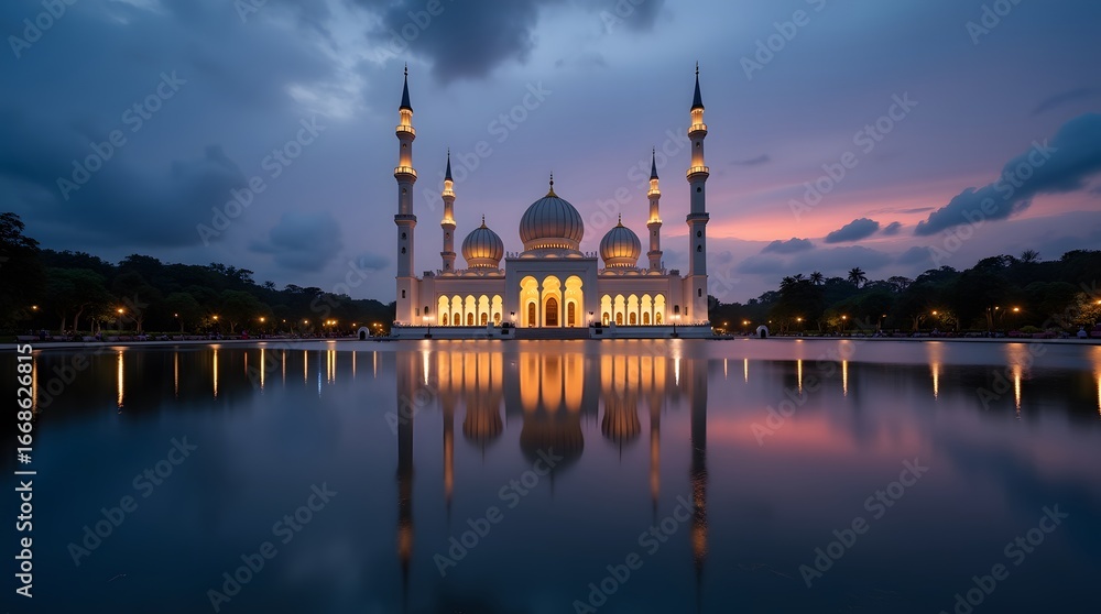 Fototapeta premium Putrajaya mosque glowing reflection on lake with Malaysia Day theme.