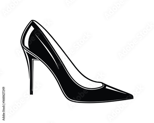Elegant black patent leather stiletto high heel shoe isolated on a white background with a classic and sophisticated design