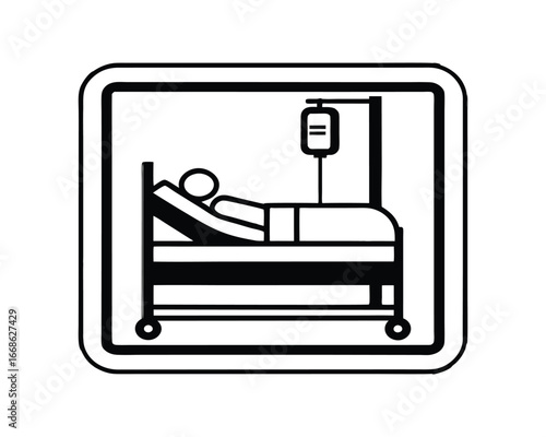 Simple black and white icon representing a patient lying in a hospital bed with an intravenous drip bag and stand