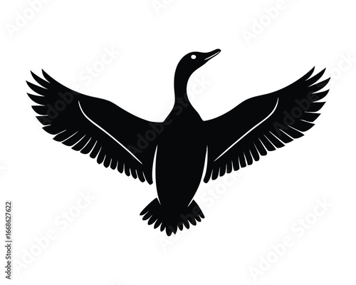 Silhouette of a canada goose in full flight with wings spread wide against a stark white background symbolizing freedom and nature