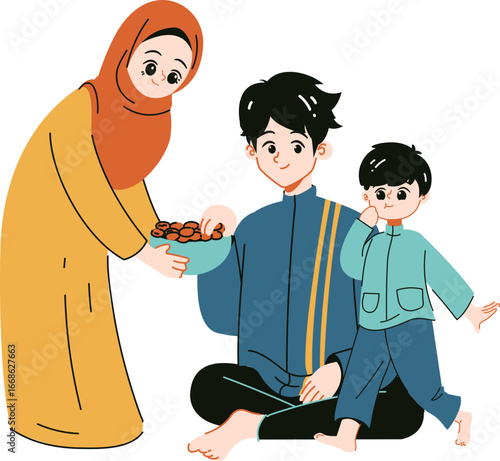 A Muslim family sharing dates, a mother offering food to her husband and child.