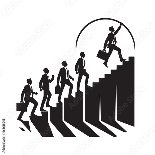 Business people climbing stairs vector silhouette outline logo design concept illustration