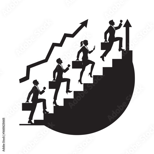 Business people climbing stairs vector silhouette outline logo design concept illustration