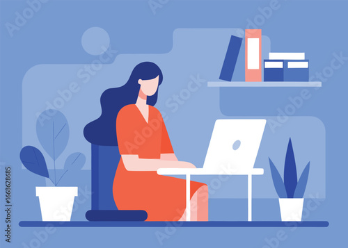 Woman working on laptop at home in a modern stylized vector illustration