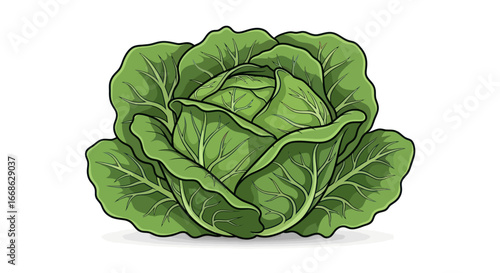 Detailed Illustration of a Whole Green Cabbage.