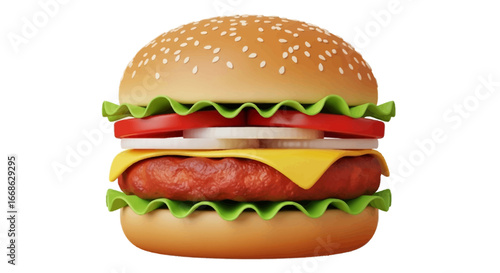 Classic juicy hamburger with fresh ingredients, including lettuce, tomato, onion, and cheese, served on a toasted sesame seed bun, ready for a delicious meal