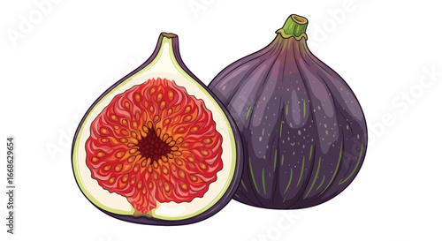 Fresh ripe figs one whole and one sliced revealing juicy interior.