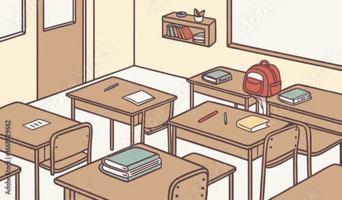 Empty classroom front view. Scene of blank class room with brown desks. School interior with tables for pupils. Students workplaces with stationeries, backpacks and open books. Flat vector illustratio