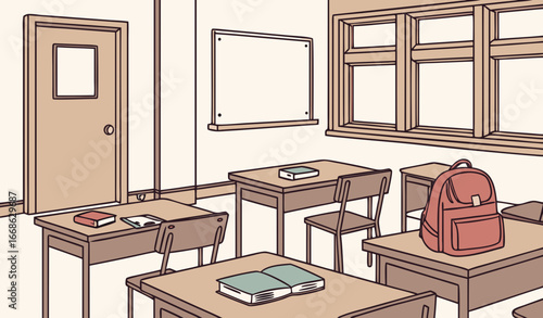 Empty classroom front view. Scene of blank class room with brown desks. School interior with tables for pupils. Students workplaces with stationeries, backpacks and open books. Flat vector illustratio