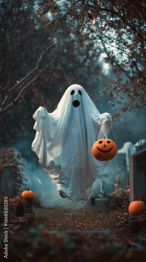 custom made wallpaper toronto digitalHalloween ghost costume in spooky graveyard holding jack o lantern pumpkin, eerie haunted cemetery atmosphere, autumn horror theme with misty background for seasonal spooky holiday stock footage