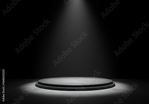 An empty circular stone podium illuminated by a single spotlight on a black background. A perfect mockup for product display or awards.

