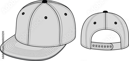 Baseball cap front and back view, adjustable strap, stitched panels, ventilation holes, curved brim, fashion accessory, headwear design, illustration