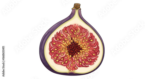 Close up of a sliced fig showcasing the intricate details of the flesh and seeds.