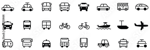 Black and white transportation icons, car, bus, bicycle, boat, airplane, truck, scooter, yacht, pickup, delivery, taxi, helicopter, sailboat, motorcycle, SUV, minibus, traffic light, public transport