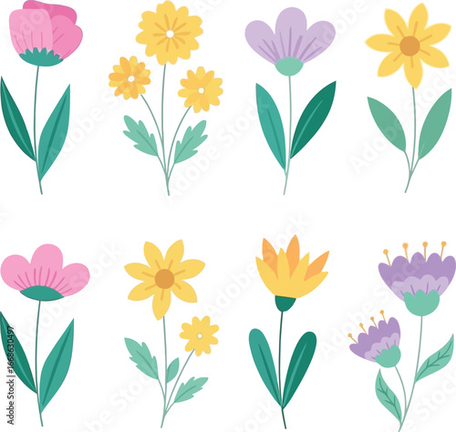 Collection of Cute Cartoon Flowers in Various Colors on White Background