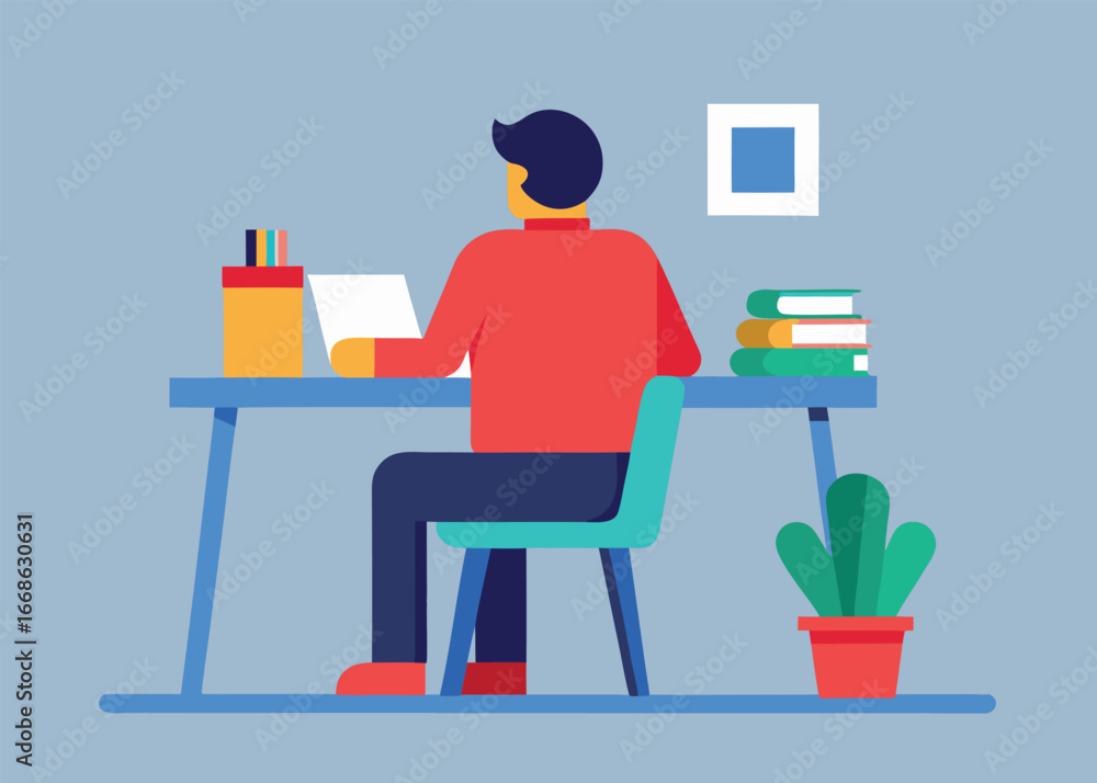 Obraz premium Person working at a desk in a flat design illustration style