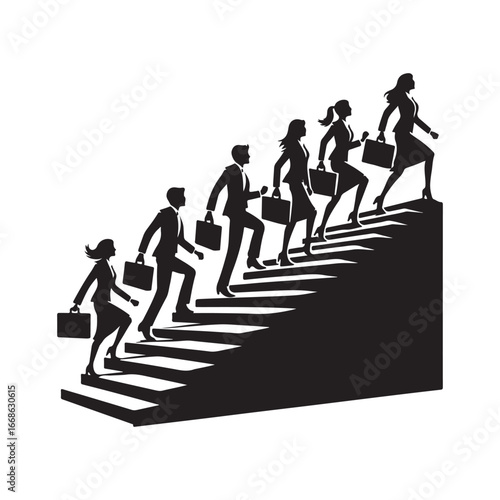 Business people climbing stairs vector silhouette outline logo design concept illustration