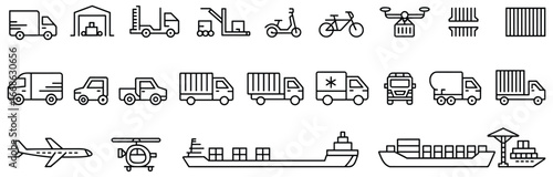 Logistics icons, delivery van, warehouse, forklift, pallet jack, scooter, bicycle, drone, truck, container, airplane, ship, helicopter, crane, cargo, transport, shipping, freight, mobility, equipment