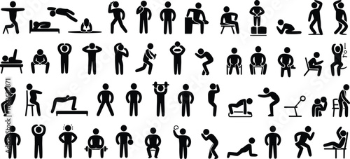 Stick figure exercise icons, stretching, lifting, push-ups, sit-ups, fitness poses, gym activity, health workout, posture, equipment, chair, bench, weight, black white, physical training